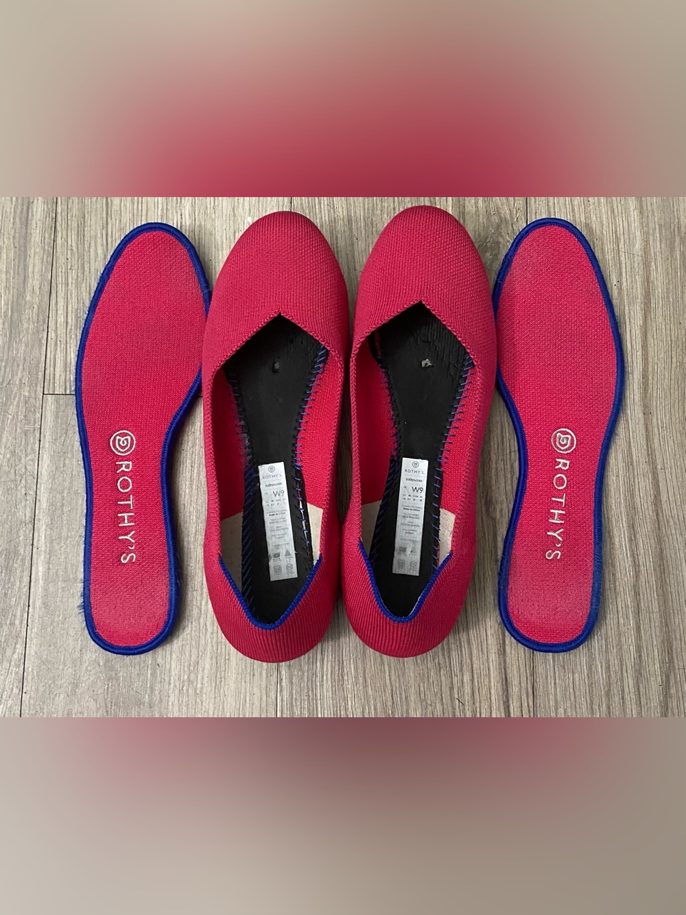 Rothy's Bright Pink Knit V-Cut Flats with Blue Trim - Picture 9 of 12